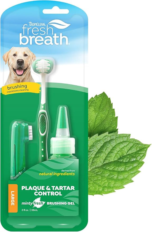 TropiClean Fresh Breath Dog Oral Care Kit | Complete Toothbrush and Toothpaste Set for Plaque & Tartar Control | Tooth Brushing Kit for Large Animals