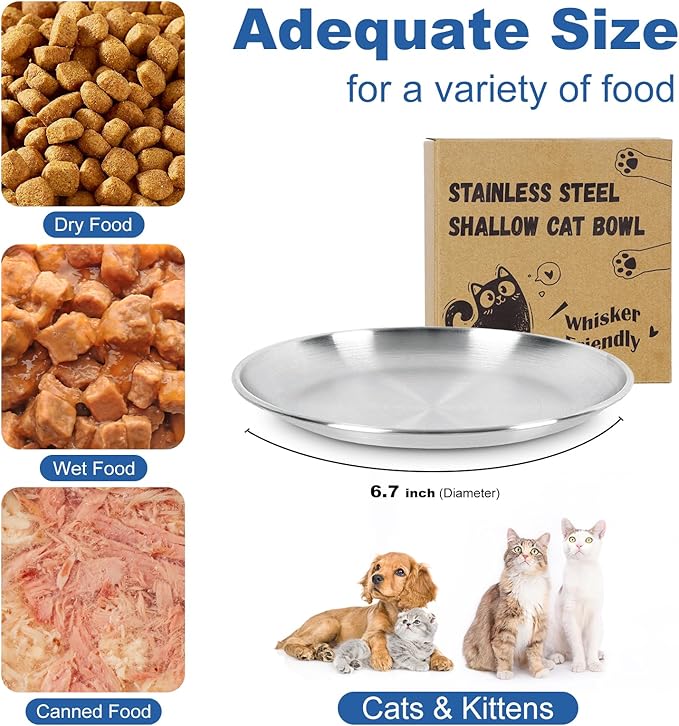 Supet Stainless Steel Cat Food Bowls, Whisker Fatigue Dishes with Non-Slip Bottom, Shallow Wide Cat Plates for Wet & Dry Food, 13OZ Kitten Bowls for Indoor Cats (4Pcs)