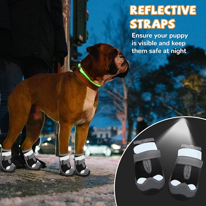 Dog Shoes for Hot Pavement,Dog Boots & Paw Protectors for Large Medium Size Dogs to Prevent Licking,Dog Booties with Reflective for Outdoor,Hiking,Hardwood Floors,Winter Snow(Black Grey,Size6)