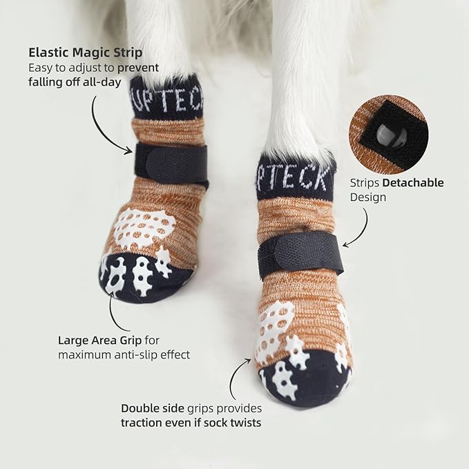 PUPTECK Anti-Slip Dog Socks with Double Sides Grips for Small Medium Large Dogs Hardwood Floors Prevents Licking, Dog Shoes for Hot Pavement Traction Control Paw Protector for Senior Dogs, Khaki XL