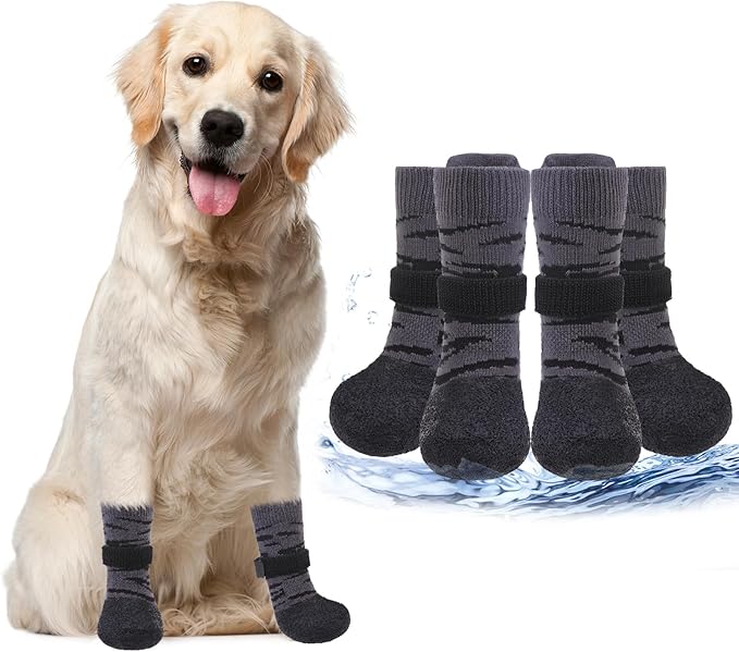 PUPTECK Anti Slip Dogs Shoes for Hot/Cold Pavement, Senior Booties, Rubber Boots & Paw Protectors for Small Medium Large Size Dogs to Prevent Licking, Grippy Socks for Hardwood Floors, Tiger L