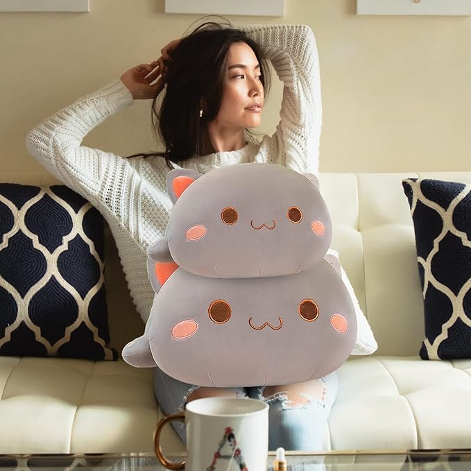 FUYU Cat Stuffed Animals, Soft Cat Plush Pillow Kawaii Kitten Stuffed Animal Toy Gifts for Kids Boys Girls Room Decor (Grey Round Eyes,19in/50cm)