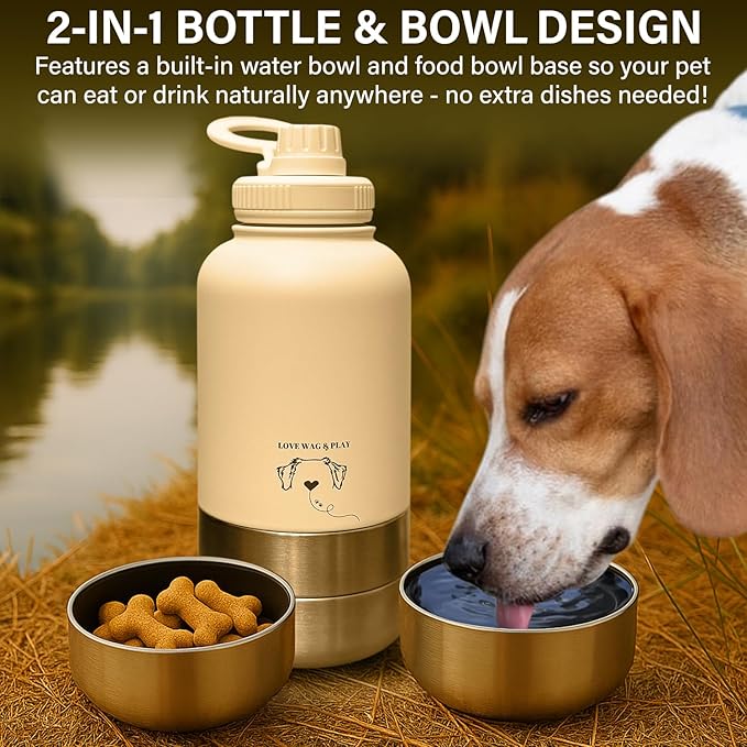 Love Wag & Play Dog Water Bottle Portable – 2 in 1 Stainless Steel Bowl for Food, Water – Leakproof Portable Water Bowl for Dog with Carry Loop – Detachable Design – Ideal for Kibble, Treats - Blue