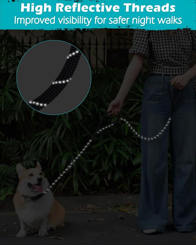 PetBonus Double Handle Rope Dog Leash, 5FT Heavy Duty Training Lead with Lockable Hook and 2 Comfortable Padded Handles, Reflective Walking Nylon Leash for Small Medium Dogs (11-55 lbs, Black)