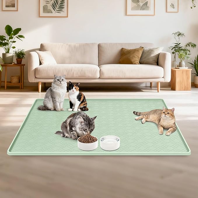 Lanstics Cat Food Mat, 42" x 29" Large Silicone Mat Cat Feeding Mat with Raised Edge Non-Slip Pet Feeding Mat for Food and Water Bowl, Easy to Clean, Floor Protection (Light Green)
