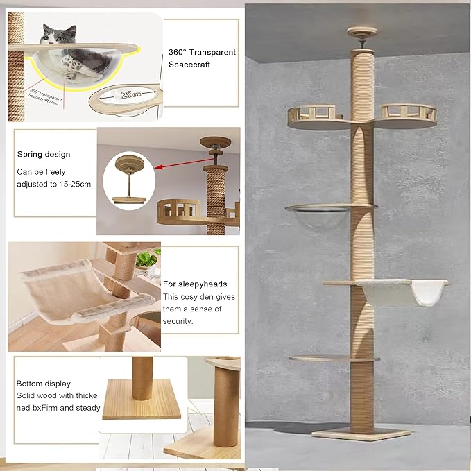 Floor to Ceiling cat Tree - Adjustable Height (95-98in,104.3-108.2in)- with Width 4.33 in Scratching Post,Cat Hammock,Fully Wrapped with sisal Rope - Heavy Duty cat Tree.(Holds 110 lbs)