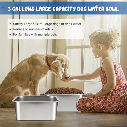 Bwogue Extra Large Dog Water Bowl, 3 Gallons, Stainless Steel, Durable, High Capacity, Rectangular Structure, Strong Stability, Easy to Clean