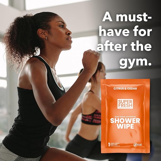 Super Fresh Shower Wipes Large Citrus Body Wipes for No Rinse Bathing Personal Hygiene Gym Travel or Camping Enriched with Aloe and Vitamin E 50 Individually Wrapped Disposable Sheets