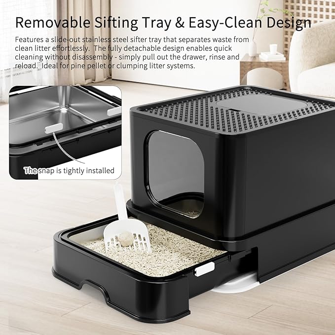 RIZZARI Stainless Steel Cat Litter Box: Large Leak-Proof Odor-Free Design - XXL All Black - for Indoor Cats Pet Owners Solution