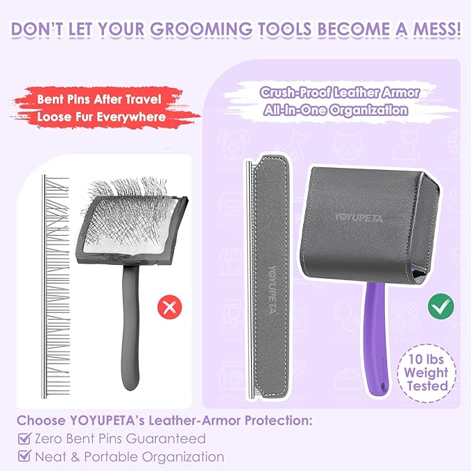 Large Long Pin Slicker Brush & Comb for Poodles, Goldendoodles & Cockapoos, Long Hair Dogs & Cats, Detangler Brush for Shedding & Matted Fur, Ergonomic Wooden Handle, Leather Sleeves. Purple