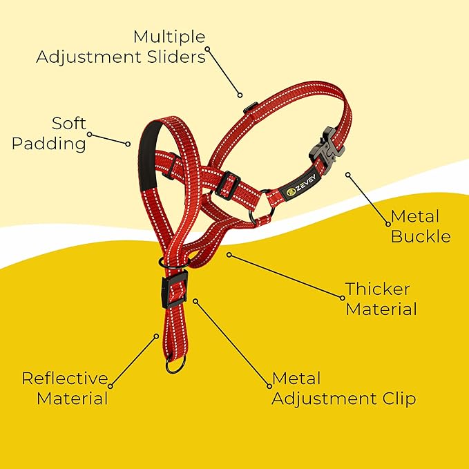 Dog Headcollar with Leash and Safety Strap Stops Heavy Pulling On The Leash Padded Reflective Head Halter for Small Medium Large Dogs Adjustable Head Harness for Training and Walking, (M, RED)