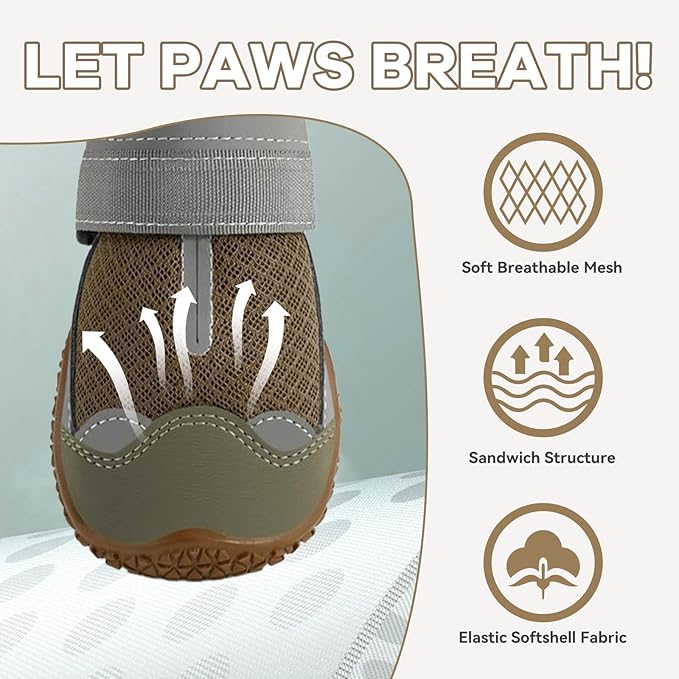 Dog Booties,Waterproof Dog Shoes for Large Medium Small Dogs,Suitable for Summer Hot Pavement,Adjustable Non-Slip Rubber Paw Protector (Brown, #7 (Width 2.8 inch) for 63-78 lbs)