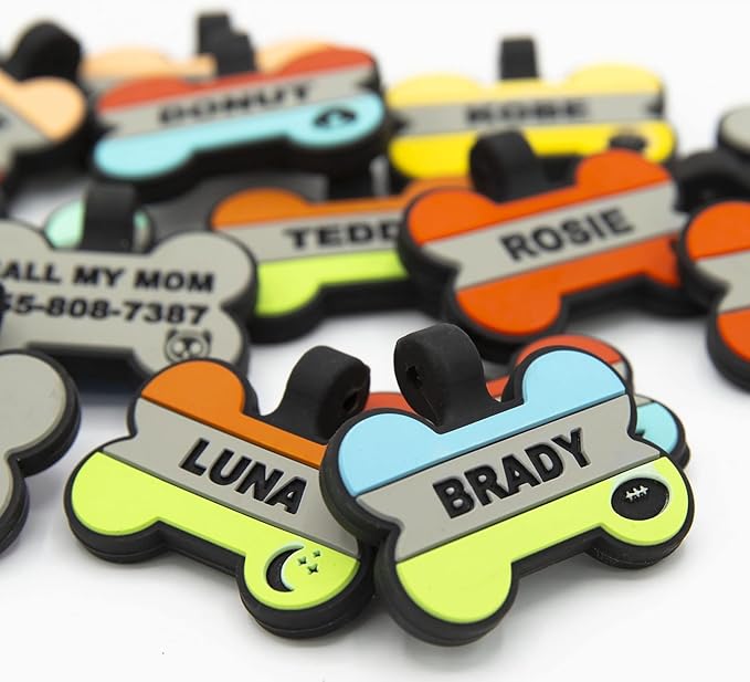 Silent Dog Tag Personalized with 5 Lines of Custom Deep Engraved Durable Soundless Silicone Pet ID Name Tag Bone Design RedTiffany