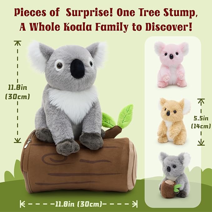 MaoGoLan 5pcs Koala Stuffed Animal, 11.8 Inch Large Mommy Stuffed Koala Plush with 3 Babies & Treehouse, Cute Realistic Stuffed Animals, Gift for Kids Boys Girls