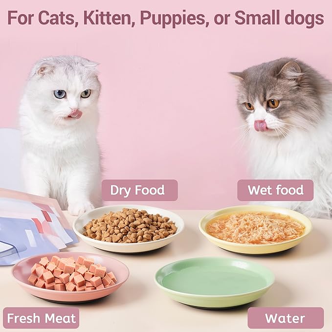 Kitwinney Non-Slip Cat Bowls, Ceramic Cat Food Bowl Set with Silicone Base, Cats Dishes, Cute Plates for Feeding Indoor Cats, Kitten, Small Dogs (Multi4, Shallow)