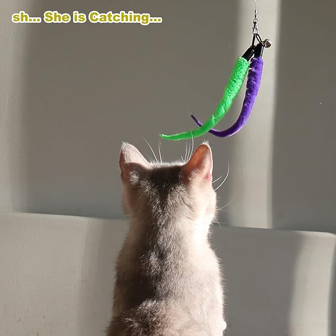 10PCS Cat Worm Toy for Cats, Cat Wand Toy Accessories, Cat Feather Toy Attachments Replacements, and 1PC Black String for Cat Fishing Pole Toy, Assorted Worm Cat Toy Teaser for Indoor Cats Kitten