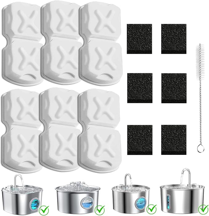 MJYNITE Cat Water Fountain Filter Replacement Kit - 6 Cat Fountain Filters, 6 Sponges & 1 Brush, Compatible with Stainless Steel Pet Fountains