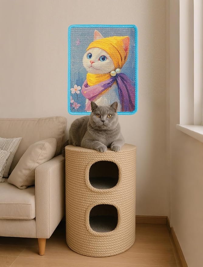 ILIMOC Sisal Cat Scratcher Mat: 16x12 Inches Natural Scratch Mats Art Print - Decorative Vertical Cat Wall Scratcher for Couches Cabinets Doors - Durable Scratching Poster for Indoor (No Frame)