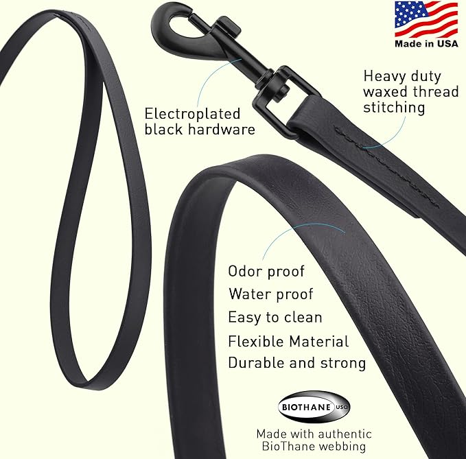 Dogline Biothane Waterproof Dog Leash Strong Coated Nylon Webbing with Black Hardware Odor-Proof Easy to Clean High Performance for Small or Large Dogs Made in USA 2 ft Lead, Black