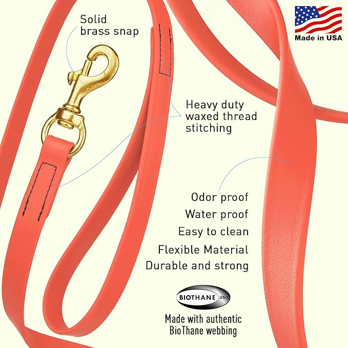 Viper Biothane K9 Working Dog Leash Waterproof Lead for Tracking Training Schutzhund Odor-Proof Long Line with Solid Brass Snap for Puppy Medium and Large Dogs, 15ft Coral