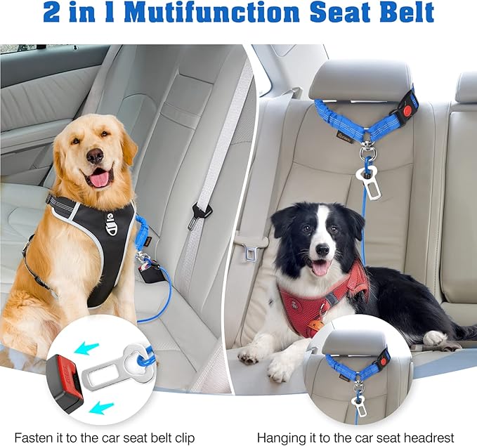 Chew Proof Dog Car Seat Belt, 2 in 1 Steel Cable Dog Car Accessories Headrest Restraint Doggie Car Seatbelt for Medium Large Dogs Chewer Heavy Duty Doggie Seatbelts for Cars Swivel Attach