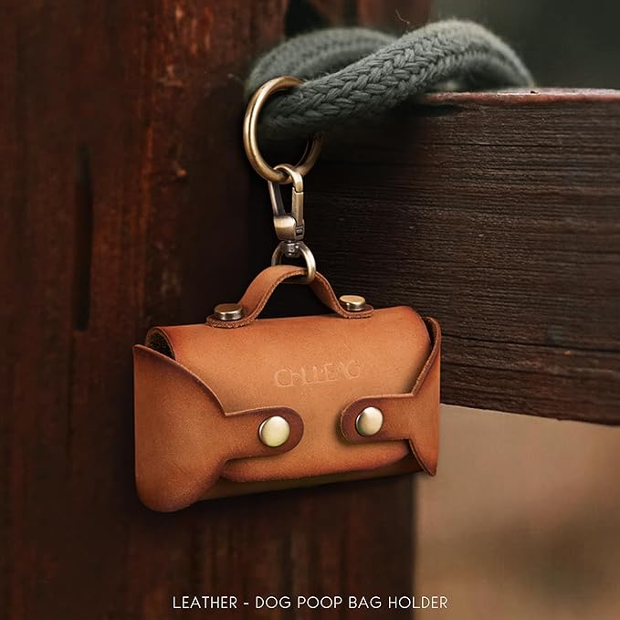 Handmade Leather Dog Poop Bag Dispenser - Stylish and Durable with Belt Attachment for Dog Walkers, Featuring a Brass Metal Clip in Hand-dyed Brown