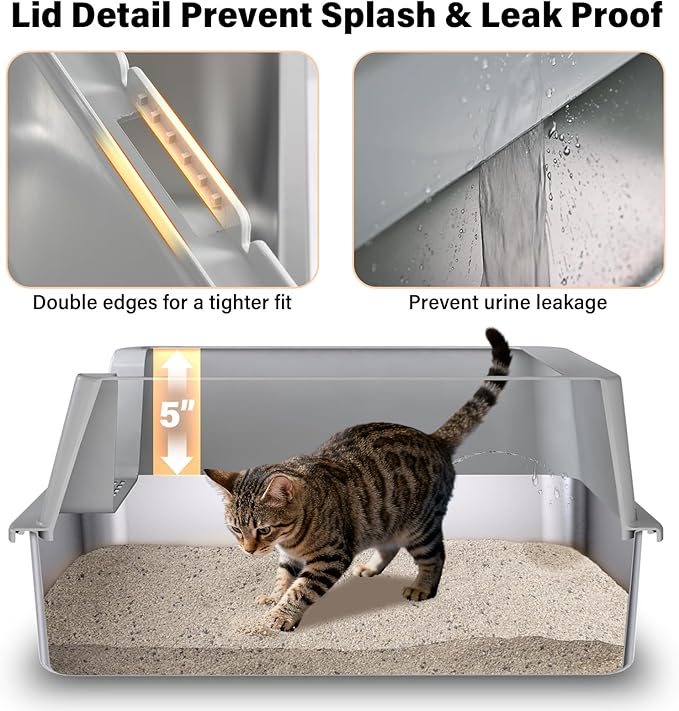 Stainless Steel Litter Box — Metal Litter Box with Lid & Mat, High-Sided, Non-Stick, Easy Clean, Odor-Free Stainless Steel Cat Litter Boxes XL for Indoor & Multiple Cats, Large Cat Litter Boxes