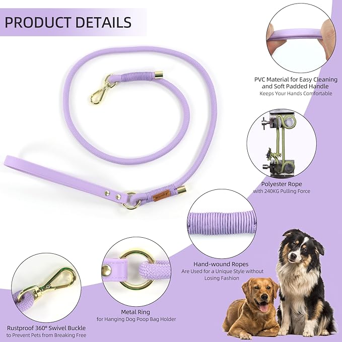 Wisedog Dog Leash for Small Dogs, 6FT Lightweight Rope Leash with PVC Soft Padded Handle, Rustproof 360°Swivel Buckle Heavy Duty for Medium & Large Dogs (Lilac)