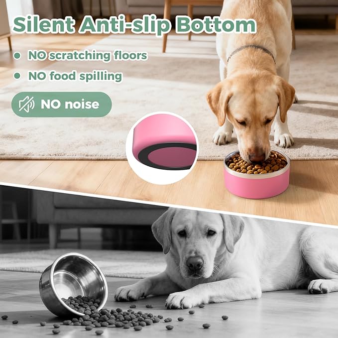 LIHONG Stainless Steel Dog Bowls for Large Dogs,Dog Food Water Bowls with Non Slip Rubber Bottom,Pet Feeding Bowl,Double Wall Insulated,Rustproof(64oz,Pink)