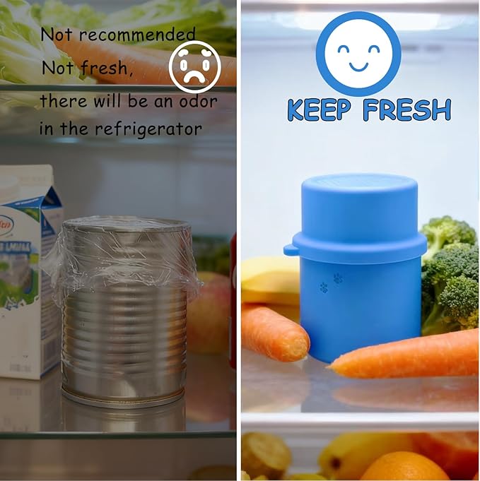 DORUI Original Canned Dog Food Storage Container & One Can Spoon | Silicone Can Cover Pet Food Sealer & Cute Paw Shape Opener Spatula | BPA Free, Airtight, Dishwasher & Freezer Safe (Blue+Pink)