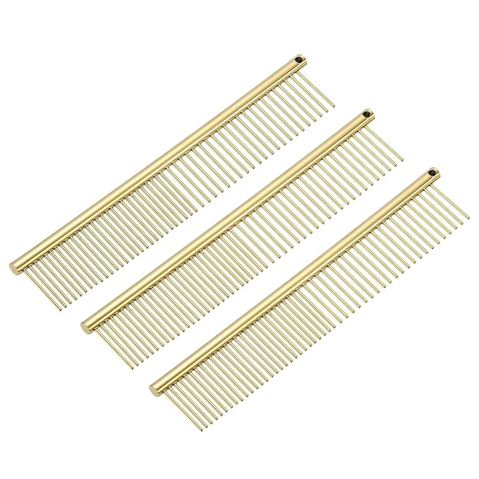 Dog Cat Comb, Pet Combs Stainless Steel Teeth with Rounded Ends for Knots Mats Loose Hair Removal, 6.5IN (Gold Plated, 3 Pack), Grooming Tool Intended for Long Curly Hair Pet