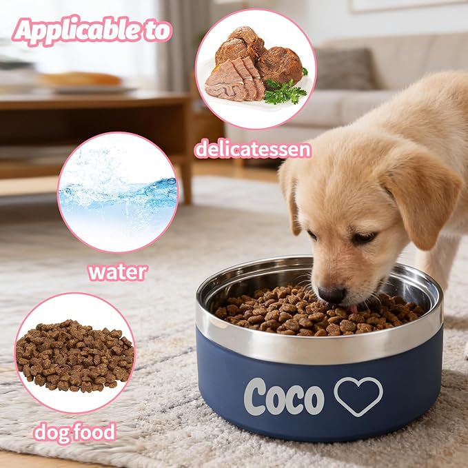 Personalized Dog Bowl with Name, Laser Engraved Stainless Steel Custom Dog Bowl, Durable Double Layer Anti-Slip Design Pet Water Bowl, for Pets