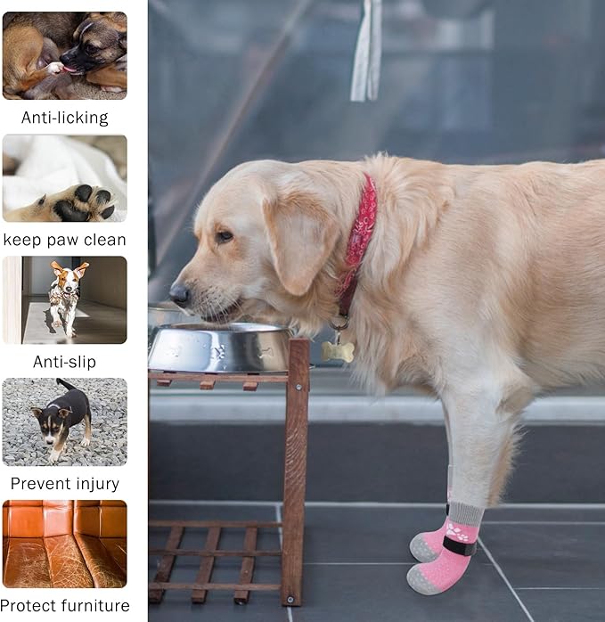 SCENEREAL Anti Slip Dog Sock to Prevent Licking Paws for Hardwood Floors, Boots & Paw Protector Shoes for Hot/Cold Pavement with Grippers, Double Sides Grips for Small Medium Large Senior Dogs, M