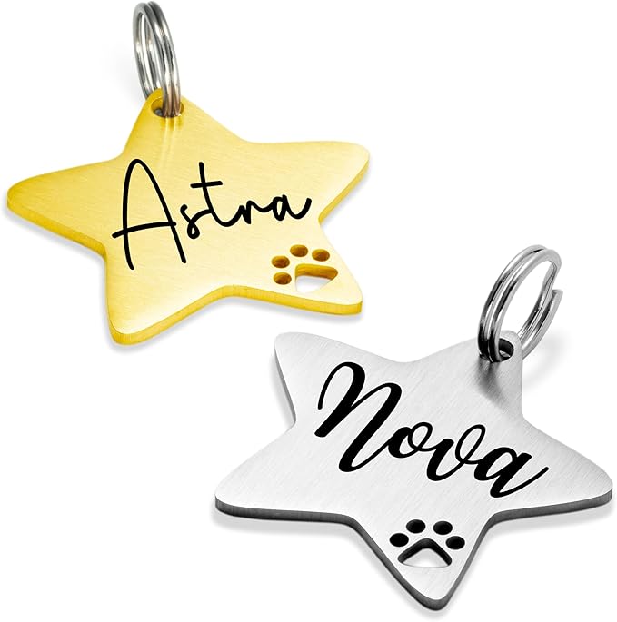 Ultra Joys Dog Tags Personalized for Pets - Hollow Paw Custom Pet ID Tag - Engraved Dog Tag for Small, Large Dogs - Large Star in Silver
