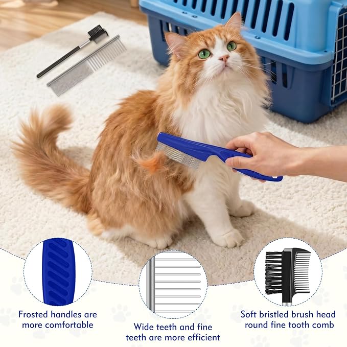 WRW 7 Pack Flea Comb,Stainless Steel Dog Cat Grooming Combs with Rounded Tooth for Remove Fleas Lice Eggs, Double Sided Tear Stain Remover, Dematting Tool for All Types of Small, Medium, Large Pets