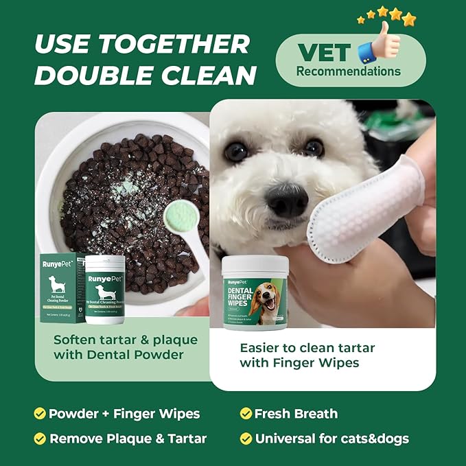 Deep Dental Cleaning Kit for Dogs & Cats – Pet Plaque Removal Powder & 50 Dental Care Wipes – Natural Formula with Probiotics for Fresh Breath & Healthy Teeth (Cleaning Kit, 50ct+45g)