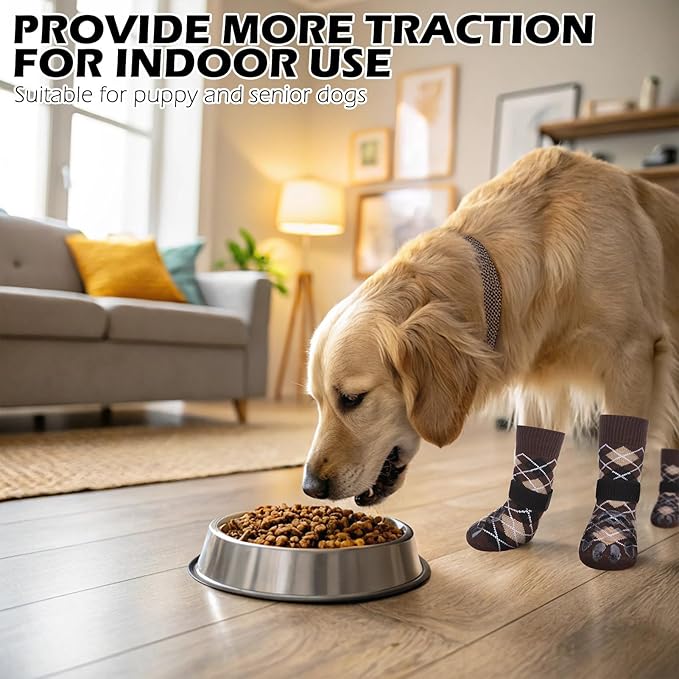 EXPAWLORER Dog Socks to Prevent Licking Paws,Dog Shoes for Hot Pavement,4 Pcs Double Sided Anti Slip Dog Socks with Grippers,Dog Booties for Small Medium Large Senior Dogs,British Style,Brown S