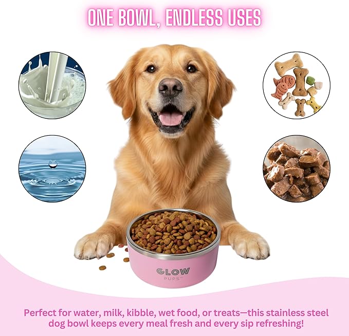 Glow Pups 64 oz Black Anti-Skid Dog Bowl, Vacuum Insulated, Powder Coated, Stainless Steel, Non-Slip, Easy to Clean