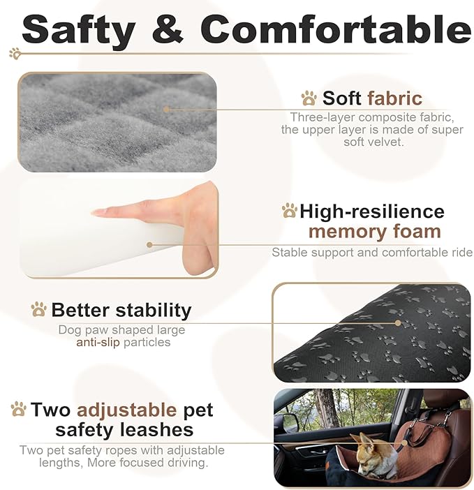 Car Dog Booster Seat,Interior Height 7 Inches Elevated for Small Dog up to 35 lbs,Pet Car Travel Safety Seat with 2 Safety Leashes,Storage Pockets,Non-Slip Bottom(Lookout-Black Outside Brown Inside)