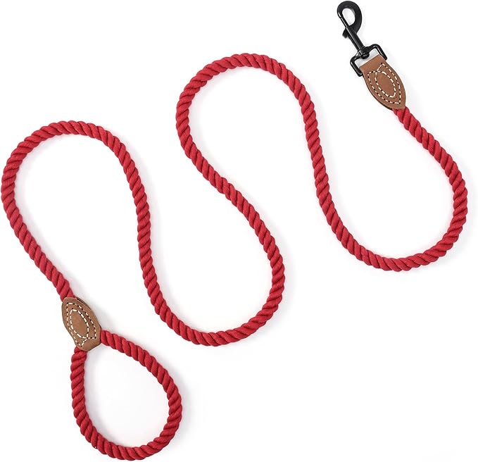 Mile High Life Braided Cotton Rope Dog Leash with Leather Tip - 6 Feet with Heavy Duty Metal Clasp - Wedding Dog Leash (Red, 72 Inches)