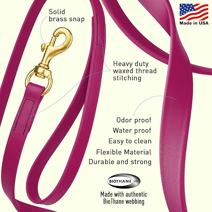 Viper Biothane K9 Working Dog Leash Waterproof Lead for Tracking Training Schutzhund Odor-Proof Long Line with Solid Brass Snap for Puppy Medium and Large Dogs, 15ft Magenta Pink