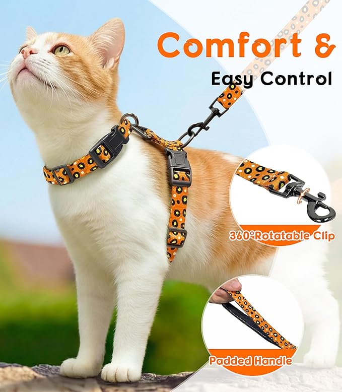 Halypet Cat Harness and Leash Set, Escape Proof 3-in-1 Adjustable Harness for Cats & Kitten, Soft Lightweight, Easy On & Control for Walking, Travel & Outdoor Use, Vibrant Leopard Orange, Small