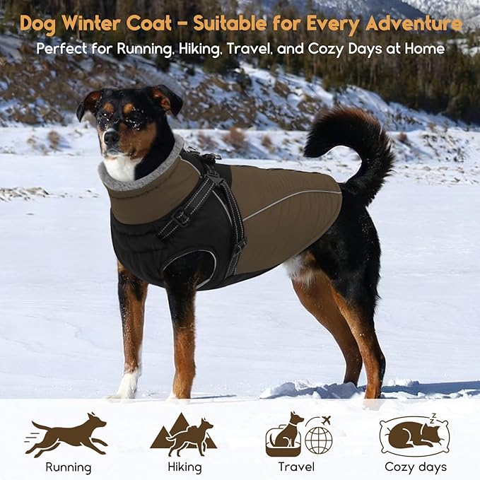 ASENKU Reflective Dog Coat with Built-in Harness, Windproof Fleece-Lined Dog Jacket for Small, Medium, Large Dogs, Warm Winter Vest with Turtleneck & Zipper (Khaki 3XL)