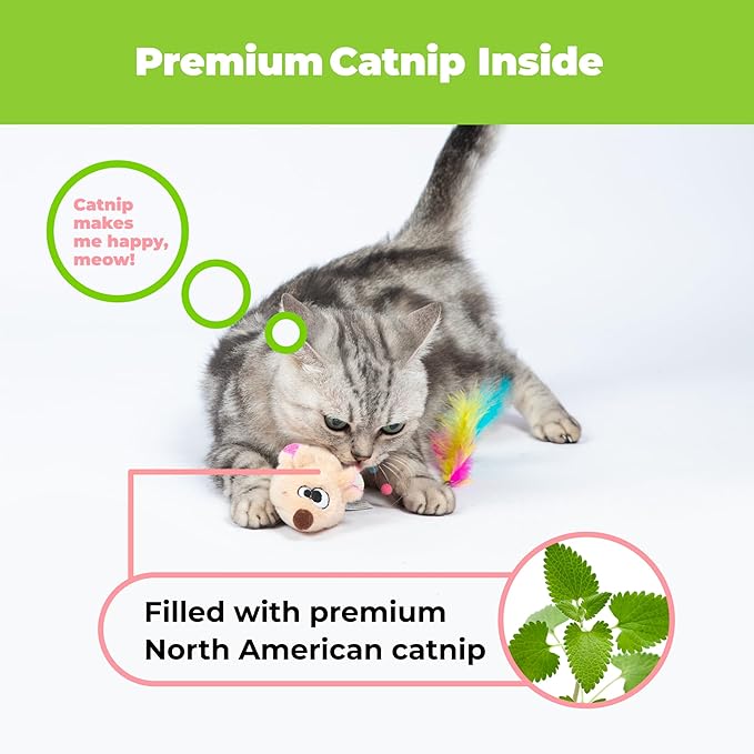 Catify Best Pet Supplies Interactive Squeak Mice – Tap-Activated Realistic Mouse Cat Toy, Catnip-Infused, Elastic Mesh & Feathered Tail with Realistic Squeaks for Indoor Cats & Kittens - Beige & Gray