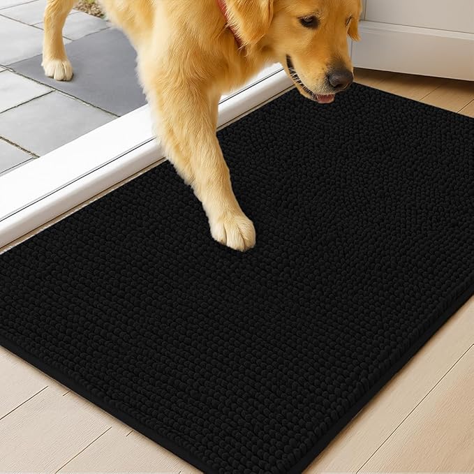 MudGuard Mat™ Dog Door Mat for Muddy Paws, Super Absorbent Microfiber, Non-Slip Indoor Mat, Quick Dry Chenille Mud Mat for Dogs & Entryway, Washable, Black 16" x 24"