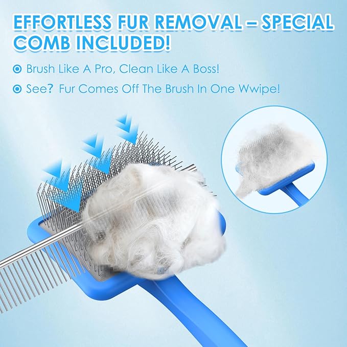 Large Long Pin Slicker Brush & Comb for Poodles, Goldendoodles & Cockapoos, Long Hair Dogs & Cats, Detangler Brush for Shedding & Matted Fur, Ergonomic Wooden Handle, Leather Sleeves. Blue