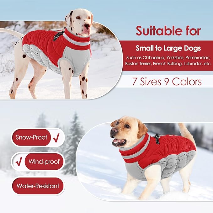 AOFITEE Dog Coat, Warm Dog Jacket, Reflective Winter Coats for Medium Dogs, Turtleneck Dogs Winter Jacket with Harness Built in, Waterproof Windproof Pet Fleece Vest Puffer Jacket, Christmas Red M