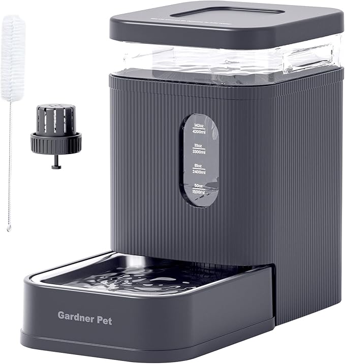 Gardner Pet 1.7 Gallon Automatic Dog Water Bowl Dispenser 6.5L Gravity Water Feeder with Stainless Steel Bowl & Maifan Stone Filter, BPA-Free for for Cats and Dogs (Grey, 1.7 Gallon)