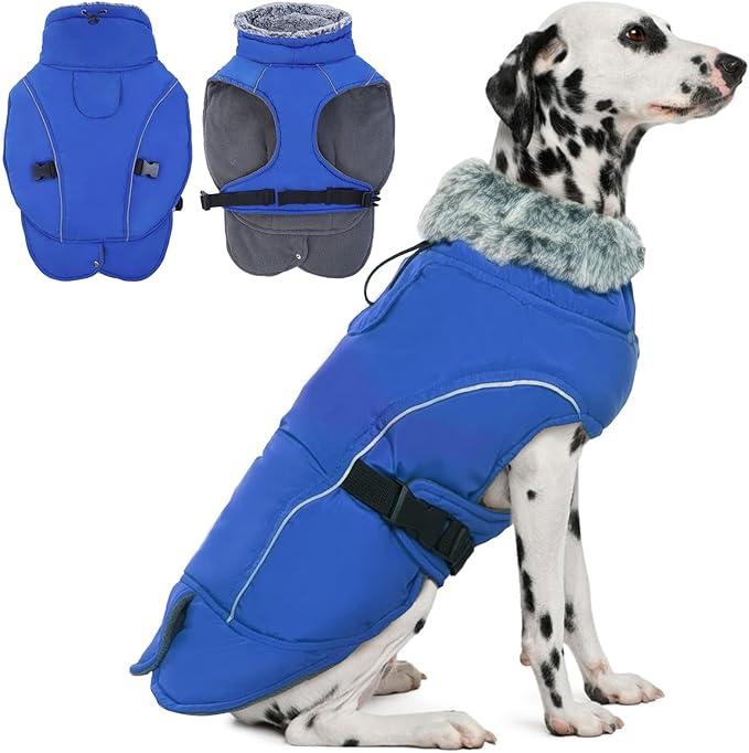 DENTRUN Winter Warm Dog Coat Reflective Jacket with Turtleneck for Cold Weather, Adjustable Buckle Windproof Water Repellent, Thick Snowsuit Fleece Vest for Small, Medium, Large Dogs, Blue, M