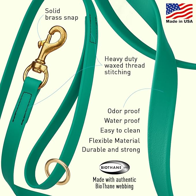 Viper Biothane K9 Working Dog Leash Waterproof Lead for Tracking Training Schutzhund Odor-Proof Long Line with Solid Brass Snap for Puppy Medium and Large Dogs 6ft, Teal